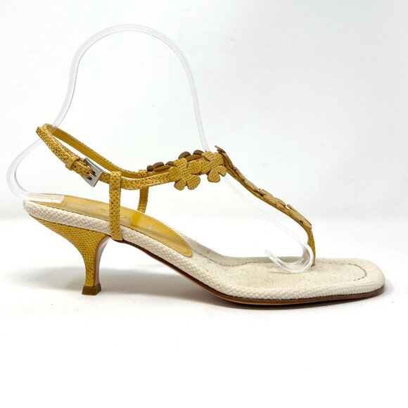 Vintage PRADA Y2K Floral Kitten Heels Size 37 | Yellow Woven Sandals - Picture 3 of 9